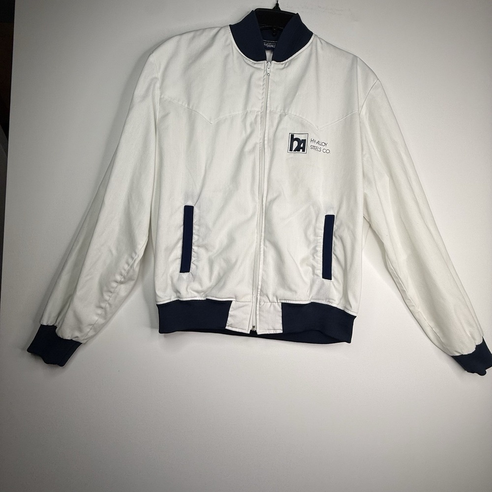 Vintage Holloway Brand Hy-Alloy Steel's Co Jacket Men's Large White Blue Trim